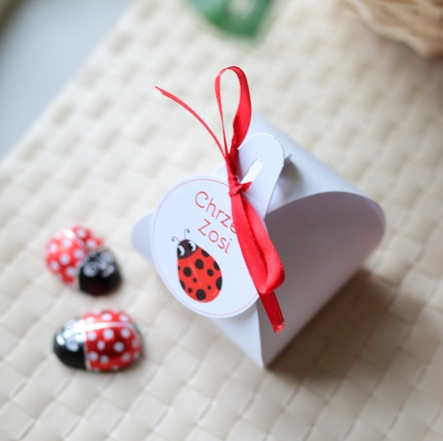 urocze podziękowania na chrzest  święty - pudełka boxy na cukierki z imieniem Twojego dziecka - szybka realizacja - motyw biedronki