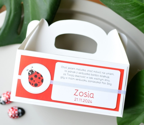 spersonalizowane pudełko na ciasto z imieniem dziecka na chrzest swięty - szybka realizacja - motyw biedronki