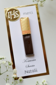 podziękowania komunijne IHS - czekoladki merci z imieniem (minimalne zamówienie 15 szt.) 