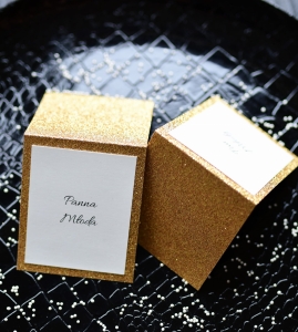 UNIKATOWE brokatowe złote winietki ślubne - szybka realizacja (minimalne zamówienie 15 szt.) 