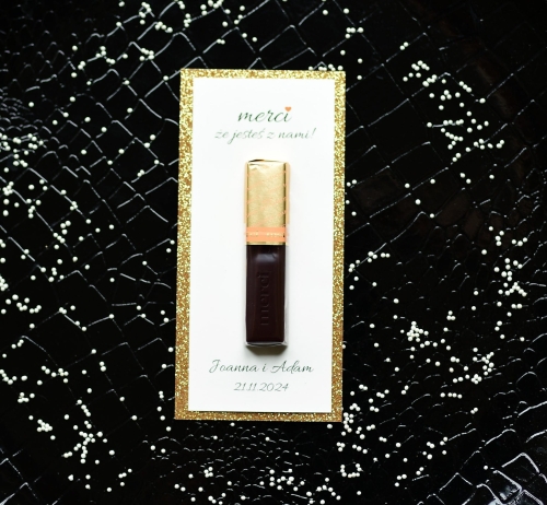 złote brokatowe podziękowania dla gości - czekoladki merci w stylu glamour - czekoladki weselne