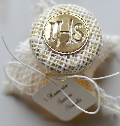 słodkie podziękowania komunije - miód miodek wielkokwiatowy w ozdobnym słoiczku - wydruk listy gości na etykiecie - wzór złoty ihs - upominki z okazji I Komunii Świętej