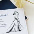 kartka z życzeniami dla pary młodej - granatowy, przepiekny wzór z grafiką pary młodej i kopertą - miejscem na kopertę