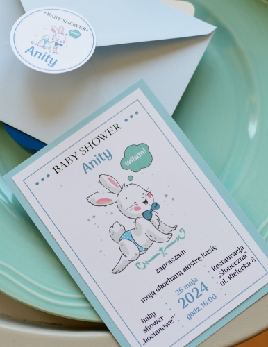 zaproszenia na baby shower bocianowe dla chłopczyka - niebieski króliczek - w oczekiwaniu na maluszka - personalizacja w cenie