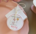 upominki dekoracje na baby shower - nietypowe, spersonalizowane doniczki z nasionkami - różowy króliczek dla dziewczynki - na przyjęcie "bocianowe"