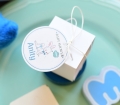 upominki na baby shower - doniczki z nasionkami - niebieski króliczek - bocianowe dla chłopczyka - spersonalizowane dekoracje na baby shower