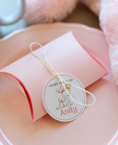 urocze pudełka na cukierki na przyjęcie baby shower - różowa wersja na dziewczynki - personalizacja w cenie - wydruk imienia/daty - "bocianowe"