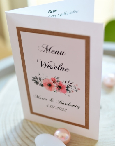 rustykalne menu weselne z wydukiem waszych dań weselnych lub informacji o alergenach pokarmowych