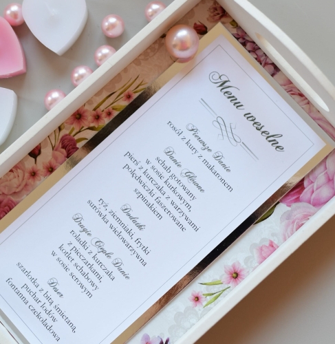 srebrne menu na stół weselny z wydrukiem dań i np. informacji o alergenach - dowolny tekst w cenie