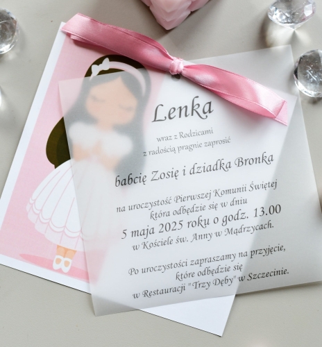 personalizowane zaproszenia komunijne dla dziewczynki - wersja z ozdobną kalką - projekt w cenie - szybka realizacja