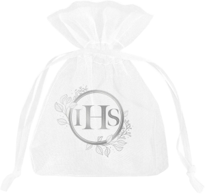 woreczki z organzy na cukierki komunijne ze srebrnym nadrukiem IHS (minimalne zamówienie 15 szt.) 