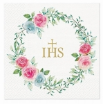 przepiękne serwetki komunijne  z różowymi kwiatkami  - 10 sztuk