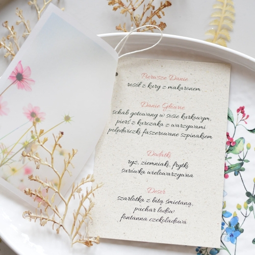 personalizowane menu weselne - styl boho z kwiatami polnymi