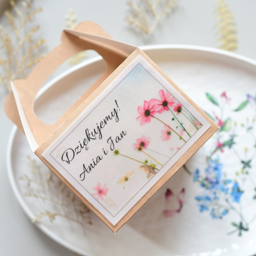 personalizowane dekoracje weselne w stylu boho - pudełka na ciasto ekologiczne, brązowe z rączką