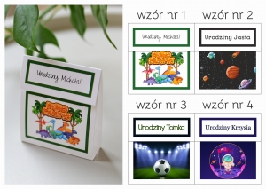 urodzinowe paczuszki z czekoladką MINKĄ dla chłopca - WZORY (minimalne zamówienie 15 szt.)