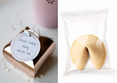 upominki dla gości na chrzest - boxy z imieniem dziecka z ciasteczkiem z wróżbą - szybka realizacja