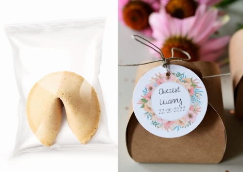 nietypowe podziękowania na chrzest święty - ciasteczka z wróżbą  / szczęścia w spersonalizowanym opakowaniu