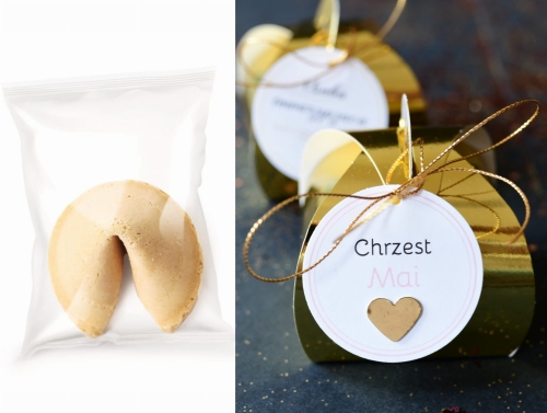 złote, przepiękne pudełka z ciasteczkiem szczęścia - eleganckie podziekowania na chrzciny Twojego maluszka