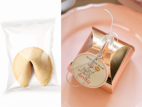 zabawa na baby shower - dla dziewczynki - spersonalizowane boxy pudełka z ciasteczami z wróżbą (ciasteczka szczęscia) - kolekcja na baby shower dekoracji z grafiką różowego króliczka