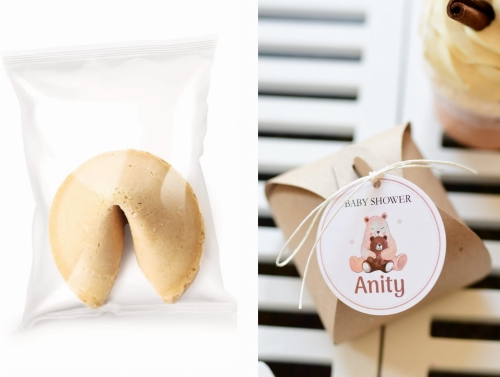 upominki podziękowania - dekoracje na baby shower- spersonalizowane, rustykalne boxy pudełka z ciasteczkiem szczęścia z wróżbą - zabawa na baby shower