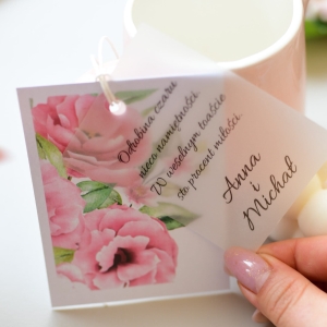 zawieszki na wódkę weselną z kalką PIWONIE (minimalne zamówienie 15 szt.)