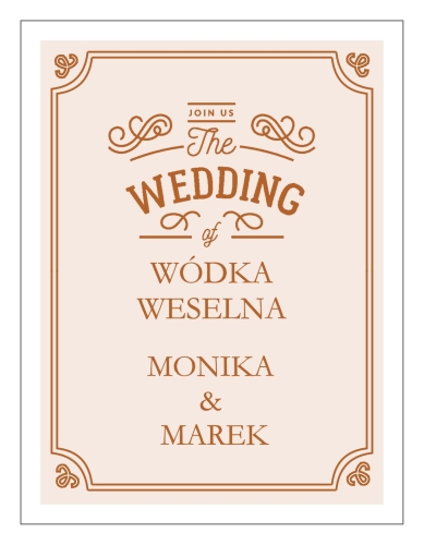 spersonalizowane naklejki na alkohol weselny - styl vintage - imiona Pary Młodej oraz data