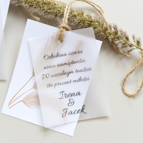 zawieszki na wódkę weselną z kalką z kolekcji dekoracji weselnych boho trawy