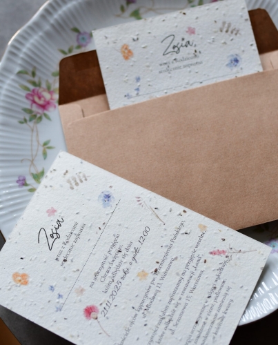 personalizowane zaproszenia na chrzciny z nasionkami kwiatów - biodegradowalne - zero-waste