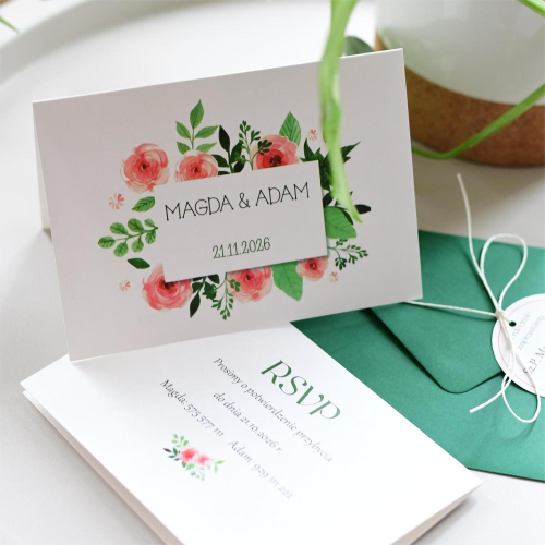 zaproszenia ślubne w różyczki z personalizowaną kopertą
