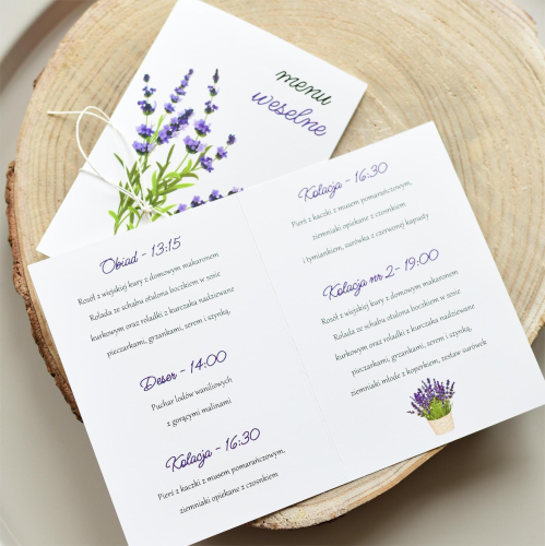 menu weselne z grafiką lawendy - rustykalne wesele