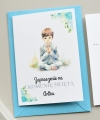 niebieskie, kwiatowe zaproszenia na komunię dla chłopca