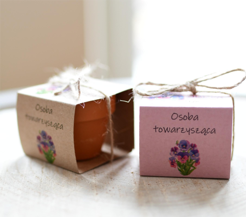 nietypowe upominki z winietką - doniczki z bratkami