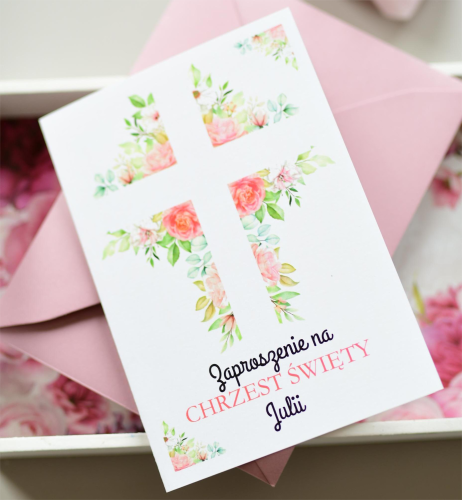 zaproszenia na chrzest święty z kwiatowym krzyżem dla dziewczynki