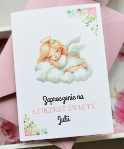 zaproszenia na chrzest święty  dla dziewczynki - kwiatowy aniołek(minimalne zamówienie 10 szt.)