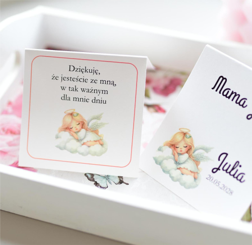 personalizowane winietki na chrzest święty z aniołkiem - szybka realizacja