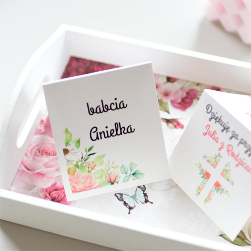 personalizowane winietki na chrzest święty lub komunię - kwiatowy -krzyż