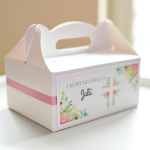 pudełka na ciasto komunijne 14x19 - różowy kwiatowy krzyż (minimalne zamówienie 15 szt.) 