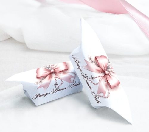 komunijne krówki - podziękowania dla gości dla dziewczynki z różową kokardką