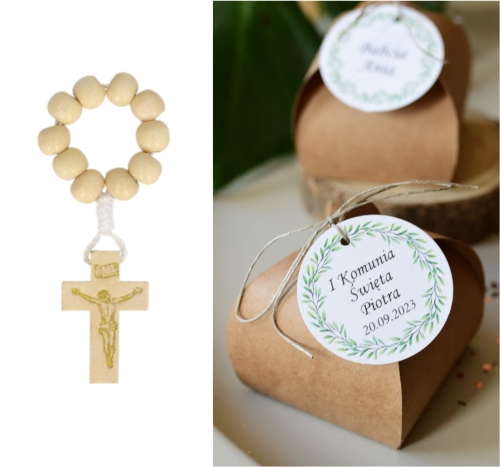 upominki komunijne dla gości - różaniec w personalizowanym pudełku