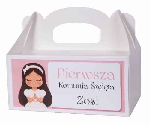 różowe, komunijne pudełko na ciasto dla dziewczynki - I Komunia  Święta - z imieniem