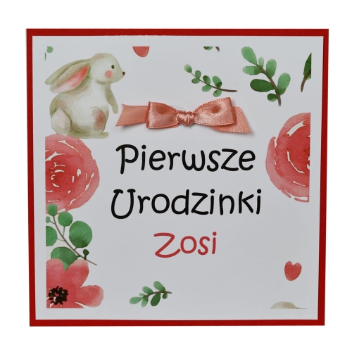 różowe, spersonalziowane zaproszenia na roczek dla dziewczynki z  delikatną grafiką - 2-stronne (1 karta).
