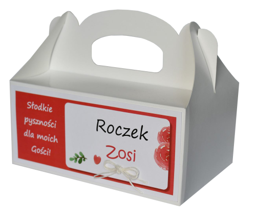 pudełka na ciasto z imieniem dziecka - forma podziękowania dla gości na roczek