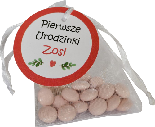 podziękowania dla gości - woreczki z organzy z imieniem dziecka na roczek dla dziewczynki