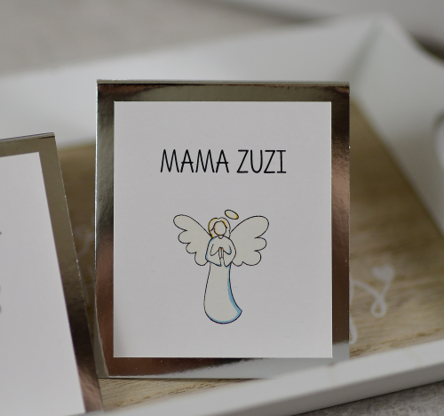 eleganckie, srebrne winietki na chrzest z aniołkiem