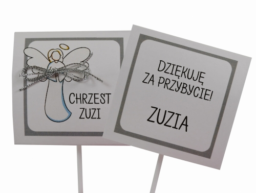 podziękowania na chrzest - lizaki z imieniem dziecka /datą - uroczy motyw srebrnego aniołka