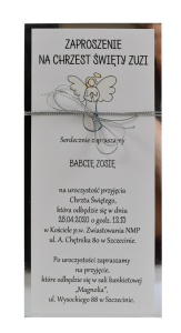 eleganckie, srebrne zaproszenia na chrzest z aniołkiem  (minimalne zamówienie 10 szt.) 