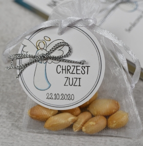 srebrne woreczki z organzy na chrzciny - aniołek  (minimalne zamówienie 15 szt.) 