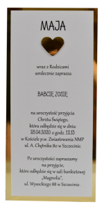 złote zaproszenia na chrzest pionowe z serduszkiem  (minimalne zamówienie 10 szt.) 