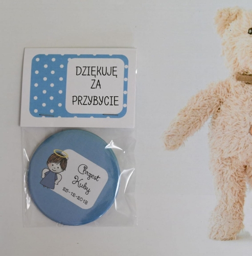 niebieski magnes na lodówkę z nadrukiem imienia / daty - podziękowania na chrzest - dla chłopczyka