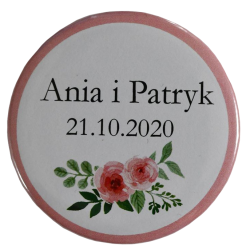 różowy magnes z imionami Pary Młodej / datą